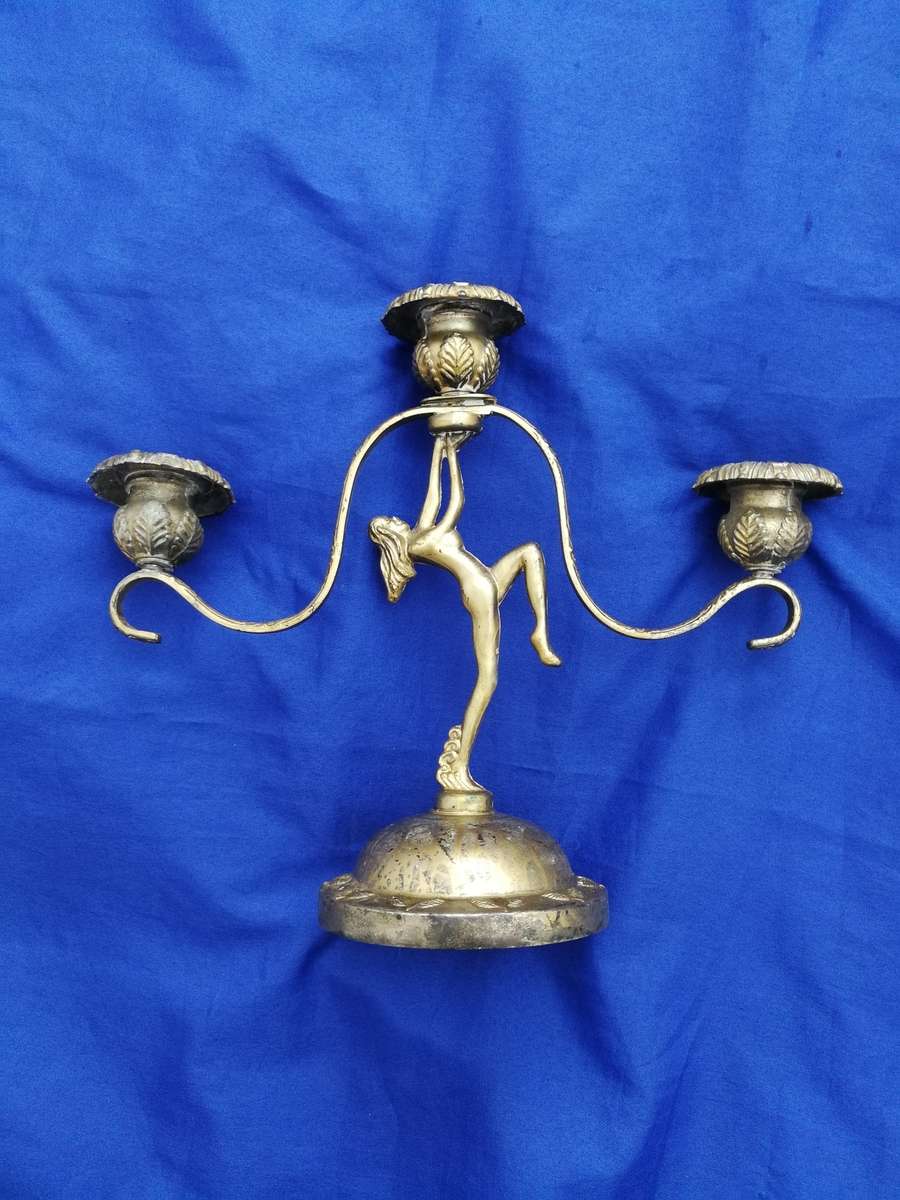 ART DECO NAKED LADY Metal 3 Candle Stick Holder- Vintage
