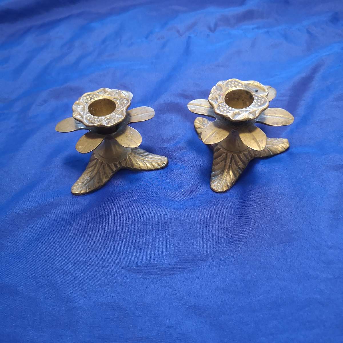 Antique Heavy Brass Flower and Leaves Candle Holder Set