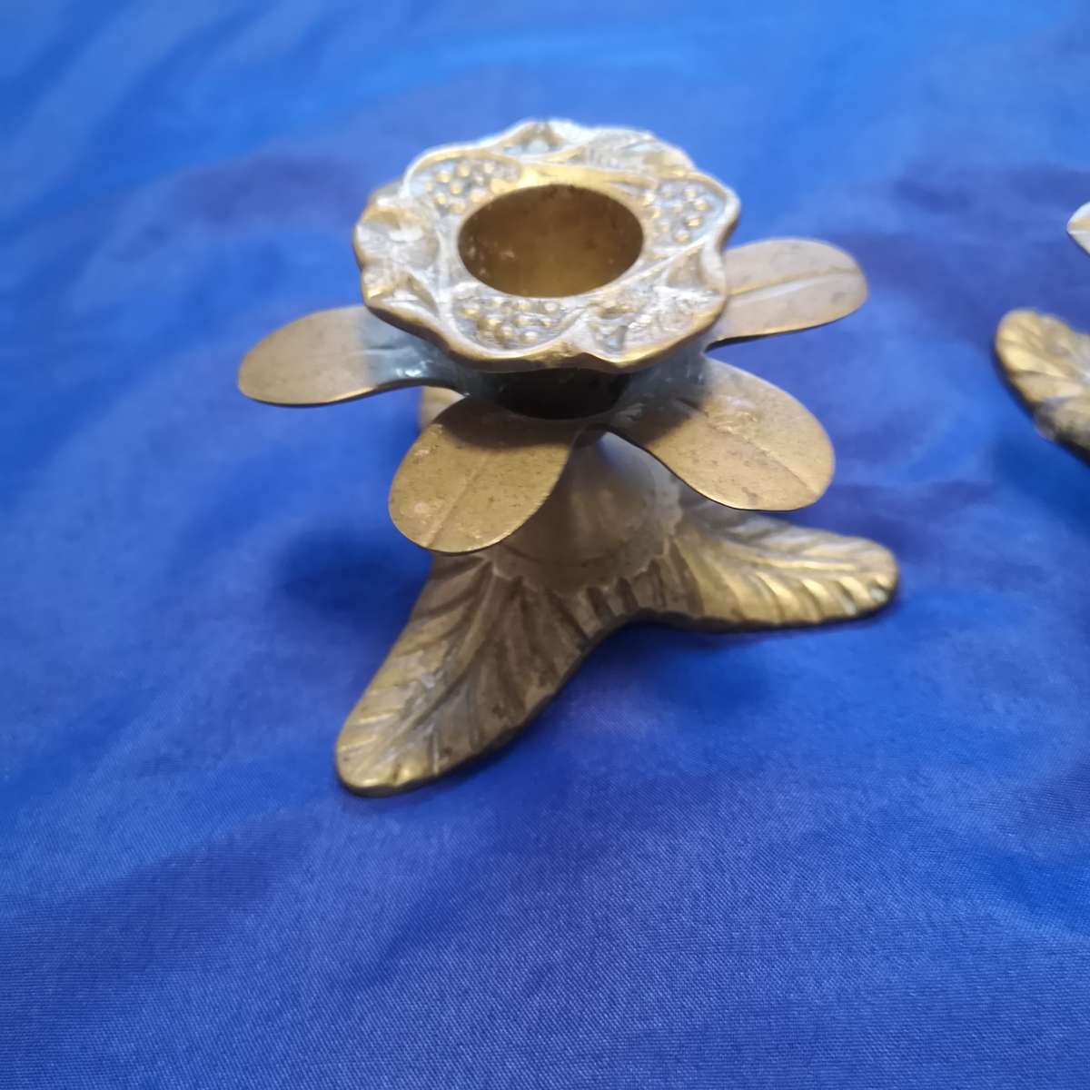 Antique Heavy Brass Flower and Leaves Candle Holder Set