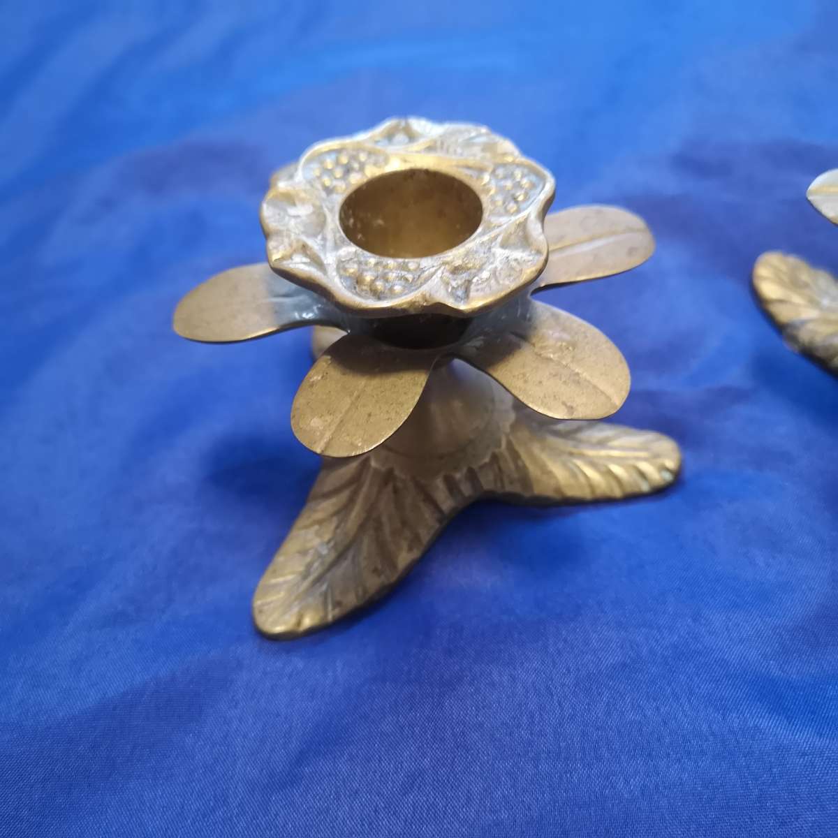 Antique Heavy Brass Flower and Leaves Candle Holder Set