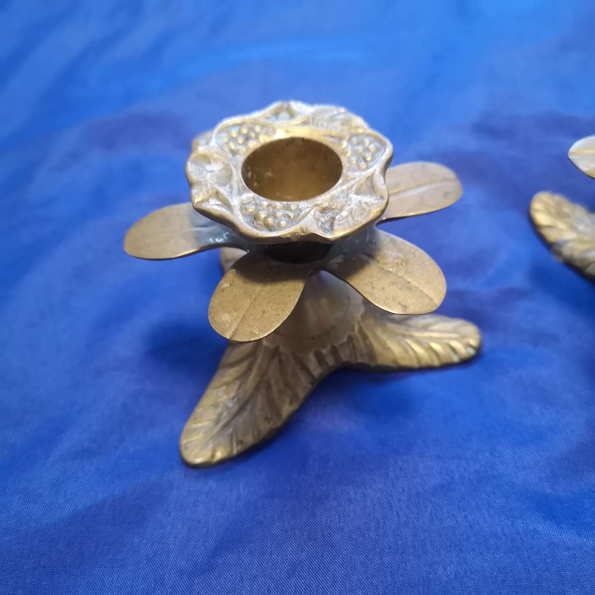 Antique Heavy Brass Flower and Leaves Candle Holder Set