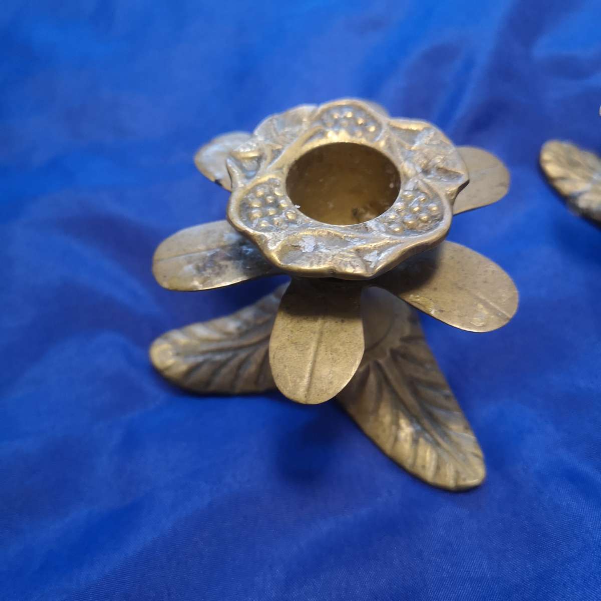 Antique Heavy Brass Flower and Leaves Candle Holder Set