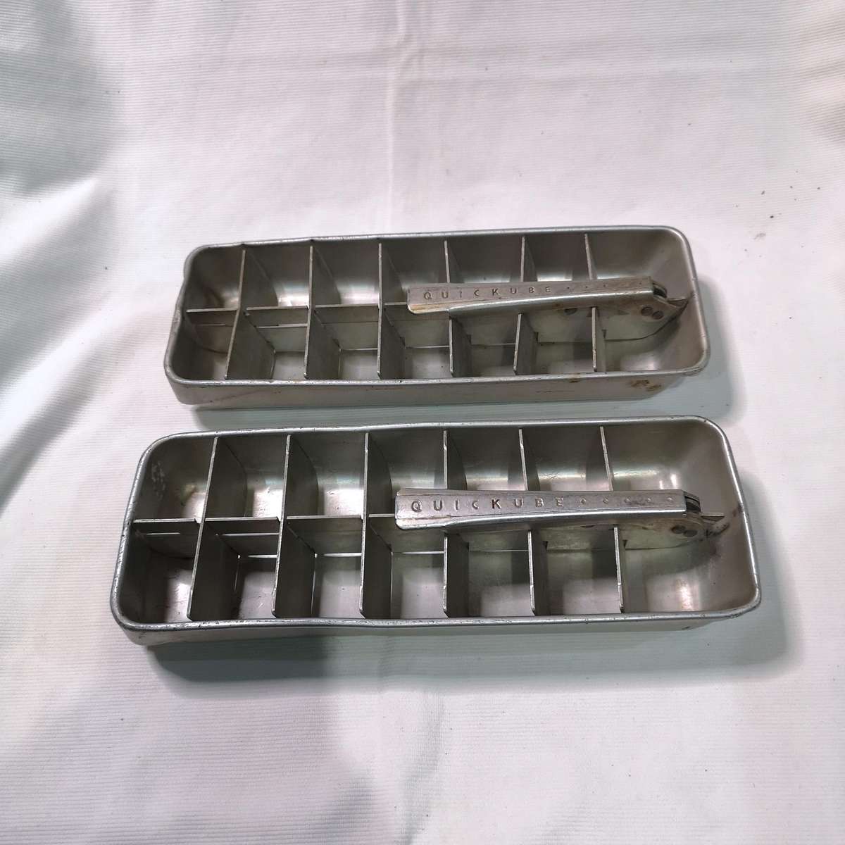 Two Vintage Frigidaire Quickube Aluminum Ice Cube Tray with Quick Release Arm, 1950's