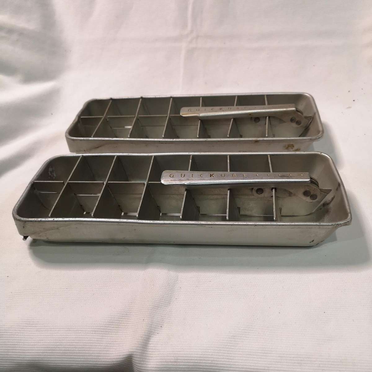 Two Vintage Frigidaire Quickube Aluminum Ice Cube Tray with Quick Release Arm, 1950's