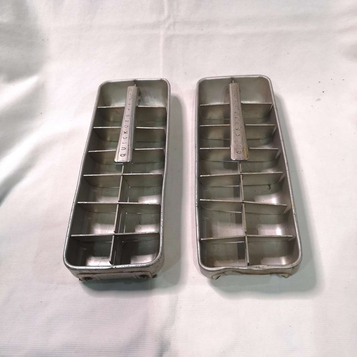 Two Vintage Frigidaire Quickube Aluminum Ice Cube Tray with Quick Release Arm, 1950's