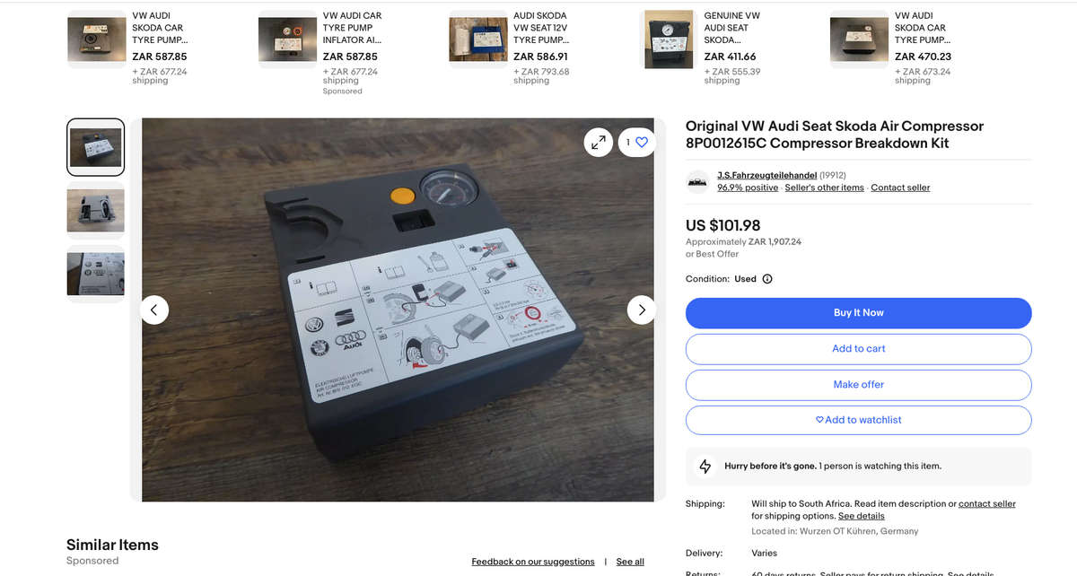 VW AUDI EMERGENCY TIRE WHEEL AIR COMPRESSOR PUMP. Original part number 8D0 012 615B