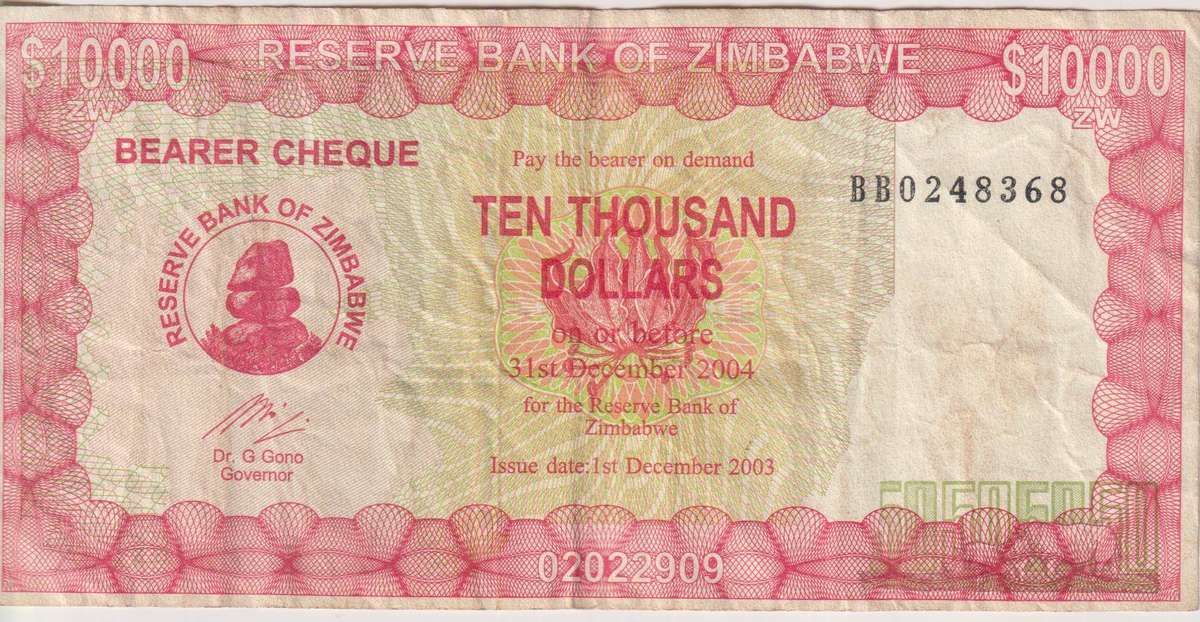 Zimbabwe 10,000 Dollars Bearer Cheque 2003 P22  VF