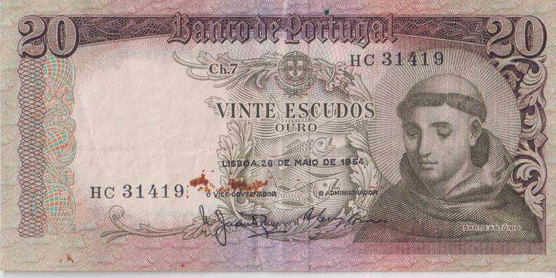 Portugal 20 Escudos 1964 P167a  VF