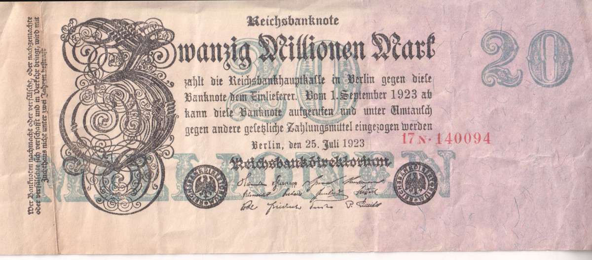 GERMANY 20,000,000 (20 MILLION) MARK REICHSBANKNOTE 1923 P97 VF (USED)