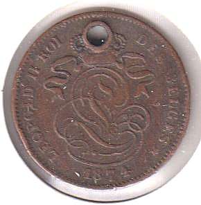 PORTUGAL 2 CENTS 1874 IN COIN FLIP (WITH HOLE)