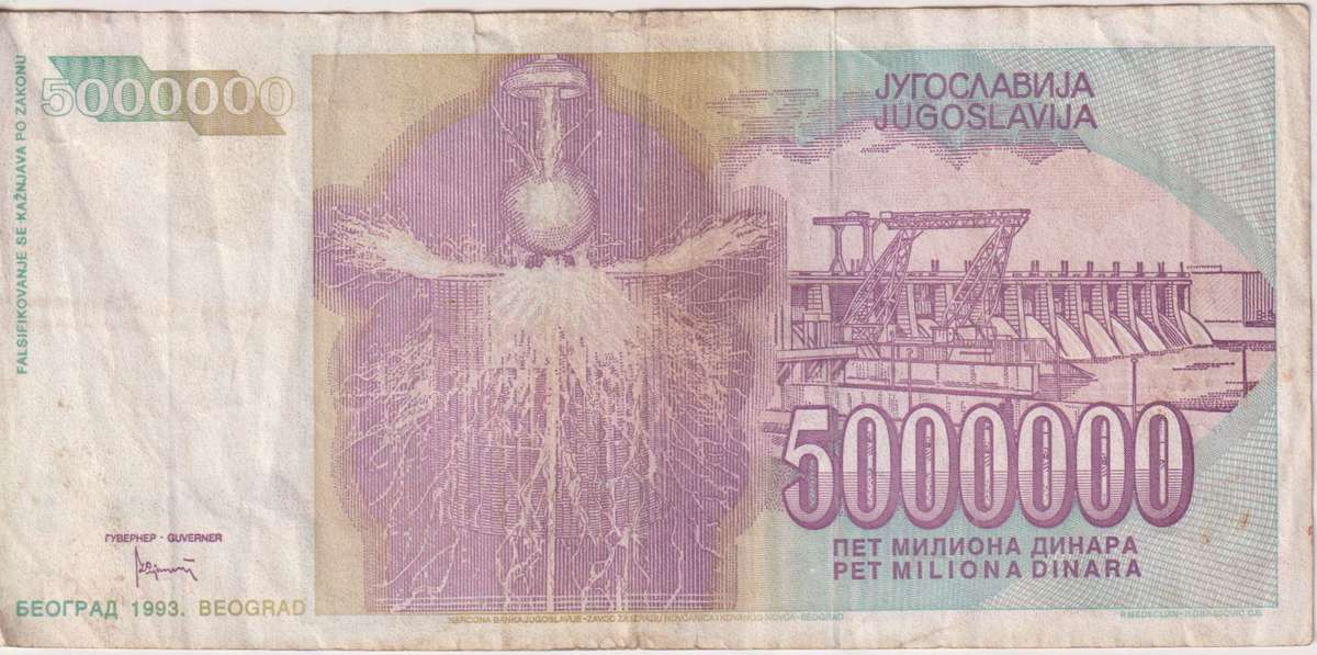 HYPER INFLATION BANKNOTE- YUGOSLAVIA 5 000 000 (5 MILLION) Dinara  1993 P122 VF (NIKOLA TESLA)