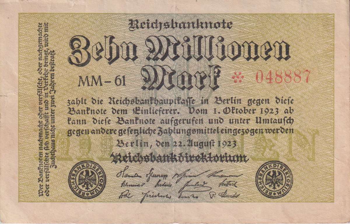 GERMANY 10 MILLION MARK REICHSBANKNOTE 1923 P106 VF (USED)