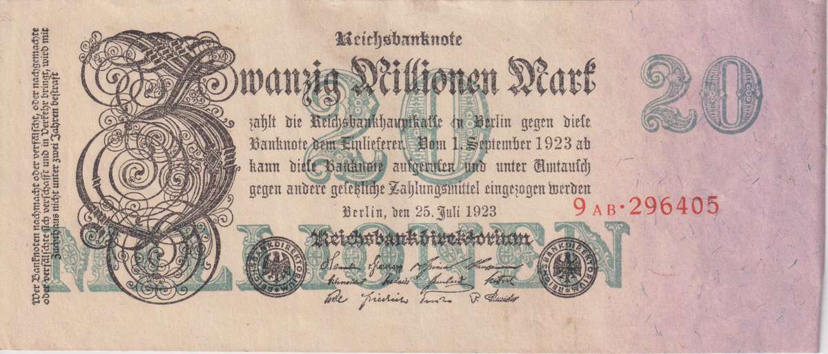 GERMANY 20,000,000 (20 MILLION) MARK REICHSBANKNOTE 1923 P97 VF (USED)