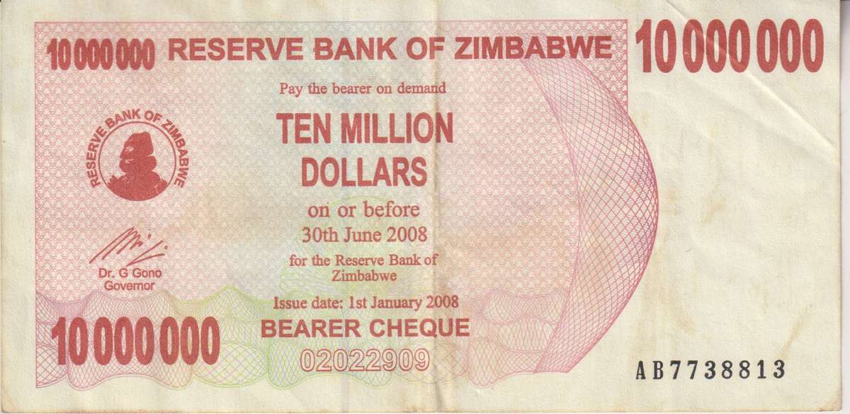 Zimbabwe 10 Million Dollars Bearer Cheque,2008 P-55 VF