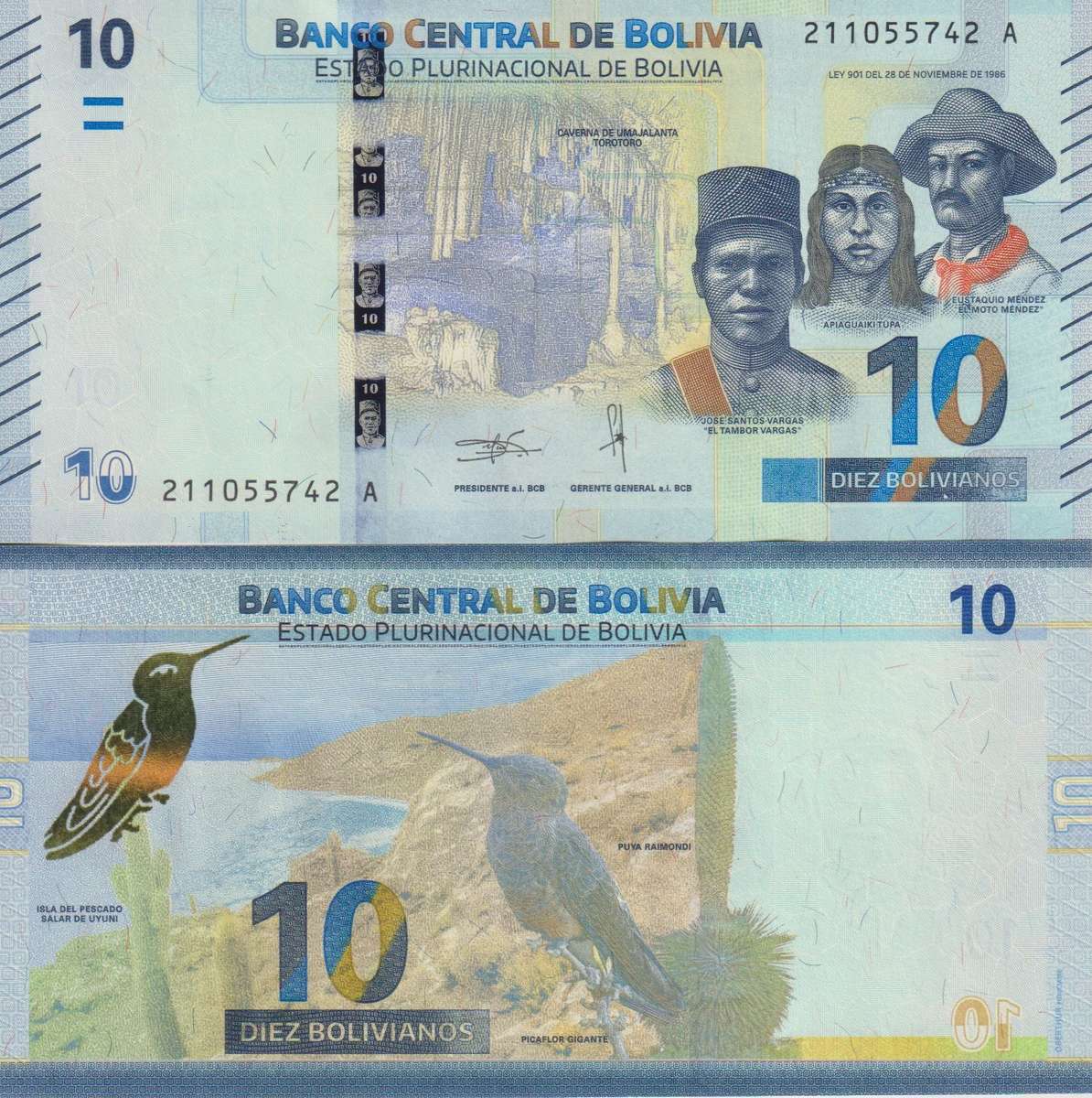 Bolivia 10 Bolivianos (2018) - Island/Bird/New Sig./p-248b, B417b UNC