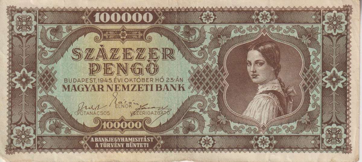 WW2 - HUNGARY 100,000 PENGO  1945 P121  VF