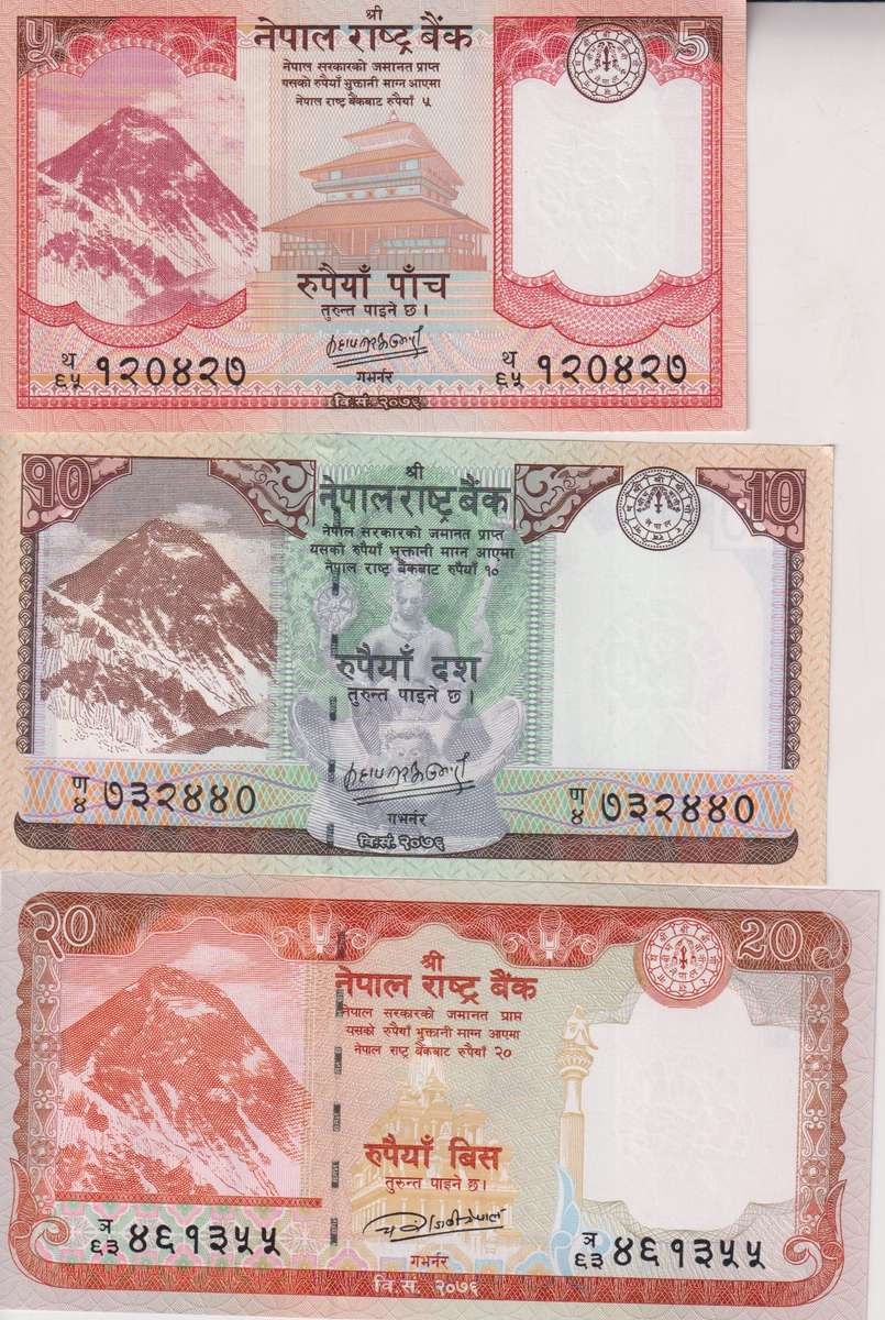 NEPAL 5, 10, 20 RUPEES 2017-20 P76, P77, P78 MOUNT EVEREST VF