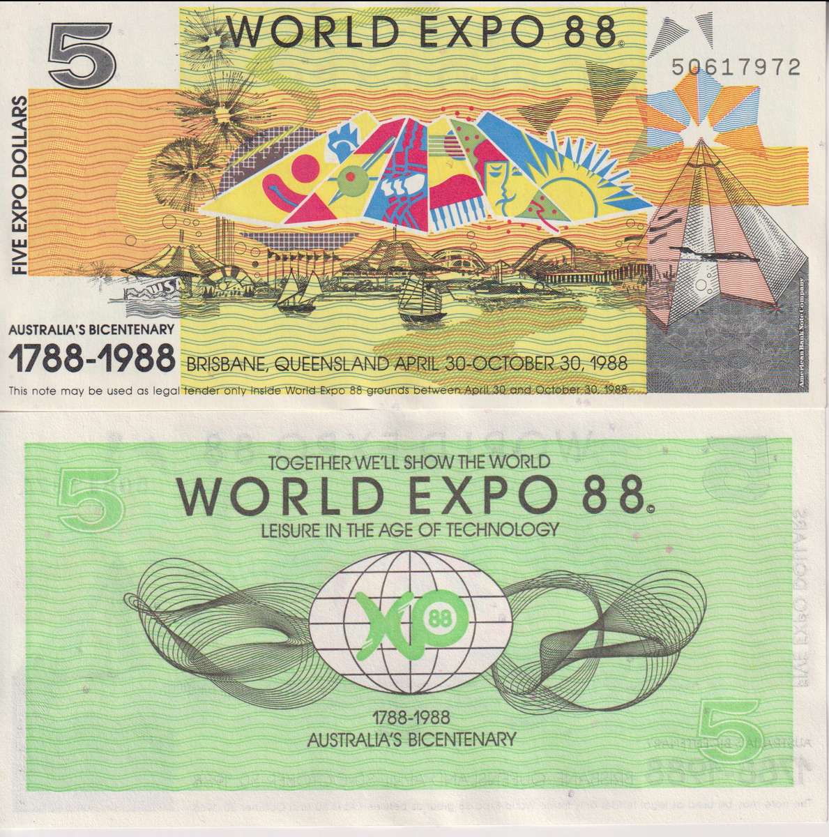 AUSTRALIA 5 Dollars, 1988, World Expo Commemorative, UNC