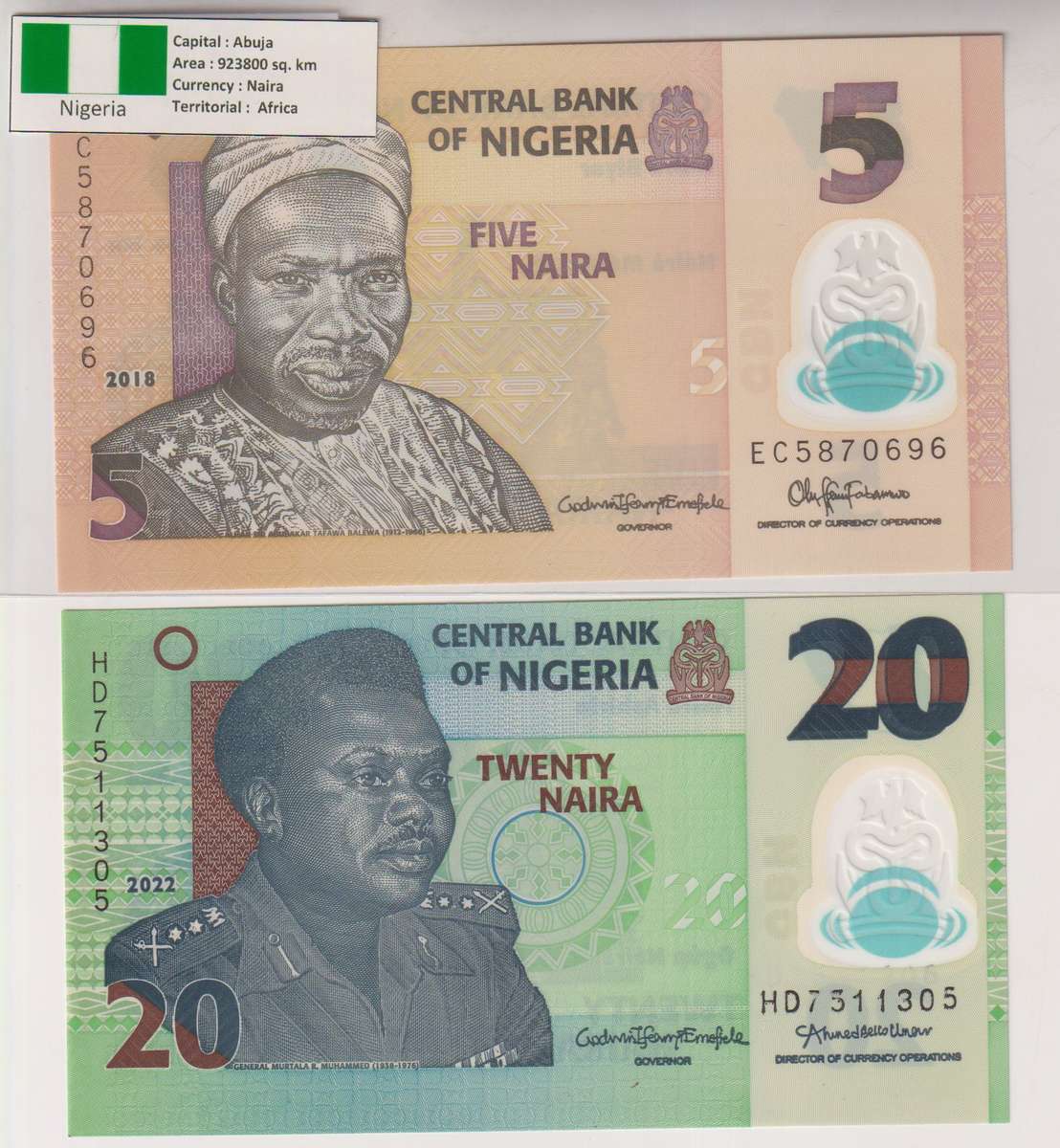 NIGERIA 5, 20 NAIRA 2018, 2022 P34. P38  UNC with country information sticker