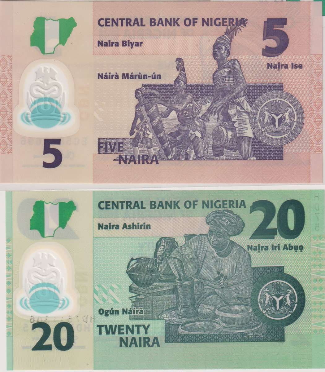 NIGERIA 5, 20 NAIRA 2018, 2022 P34. P38  UNC with country information sticker