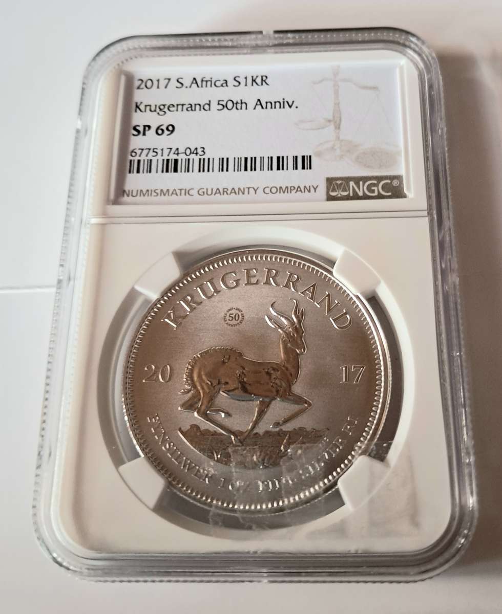 RSA: Silver Krugerrand 1oz Fine Silver 50 Years Anniversary Privy of 2017 SP 69 NGC.