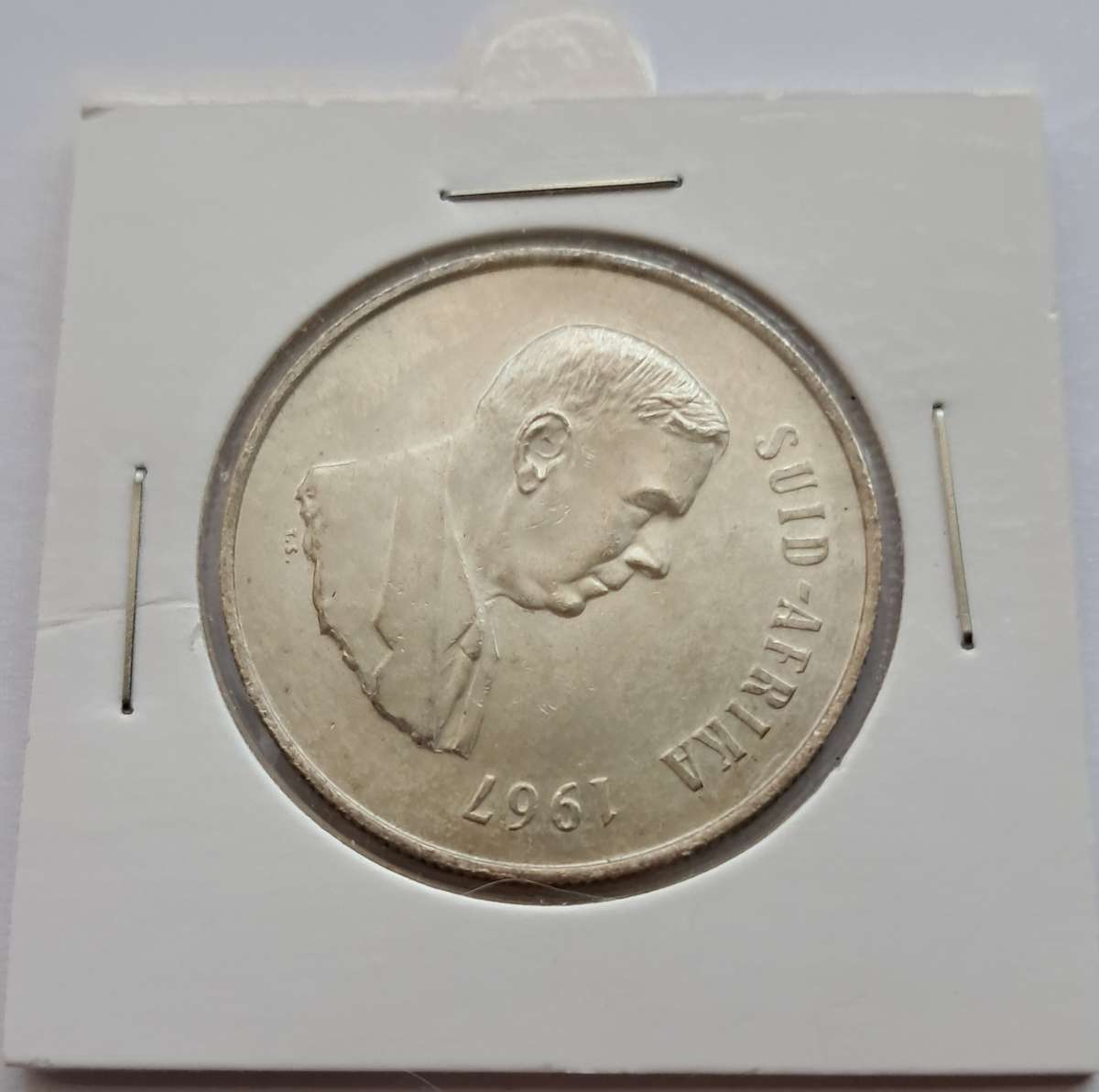 REPUBLIC OF SOUTH AFRICA - 1967 ONE RAND (AFRIKAANS)  UNC -IN COIN FLIP - SILVER 0.800
