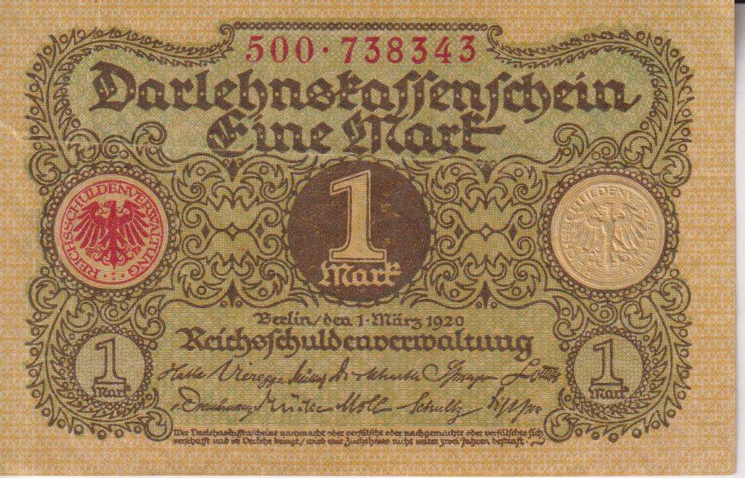 GERMANY  1 Mark (Darlehnskassenschein) 1920 P58 XF
