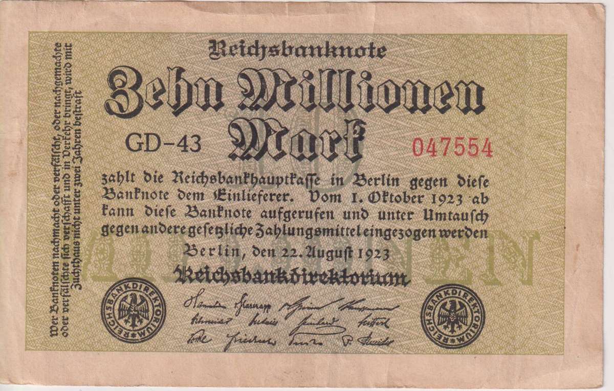 GERMANY  10 000 000 Mark (Reichsbanknote) 1923 P106 VF