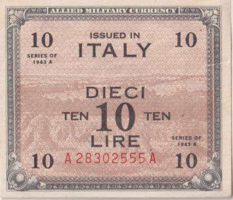ITALY 10 LIRE 1943 PM#19 VG (ALLIED MILITARY WW2)