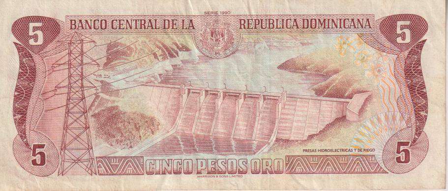 DOMINICAN REPUBLIC 5 PESO ORO 1990 P131 VF