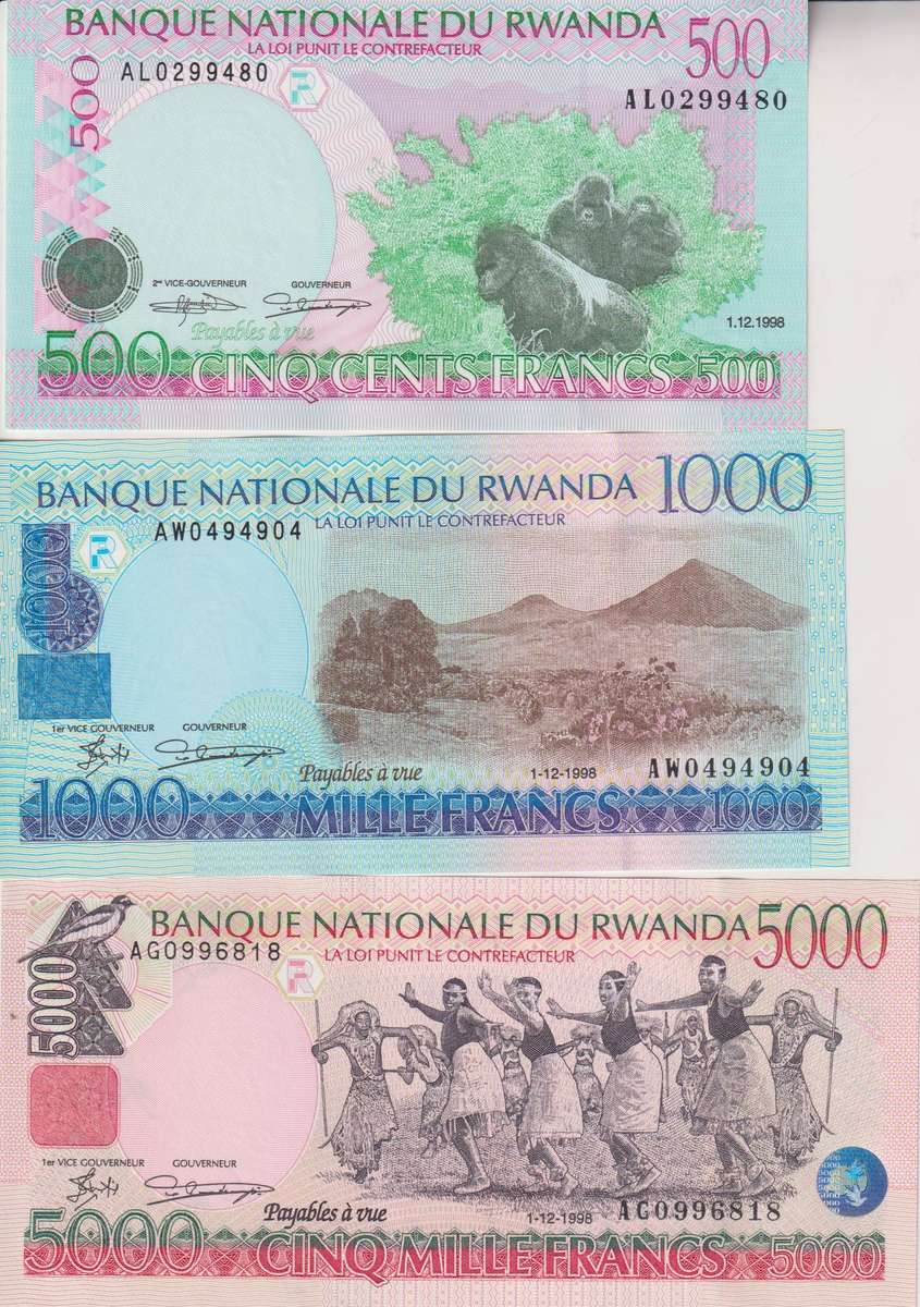 Rwanda 500, 1000, 5,000 Francs 3 Pieces Set 1998 P26, p27, p28 UNC