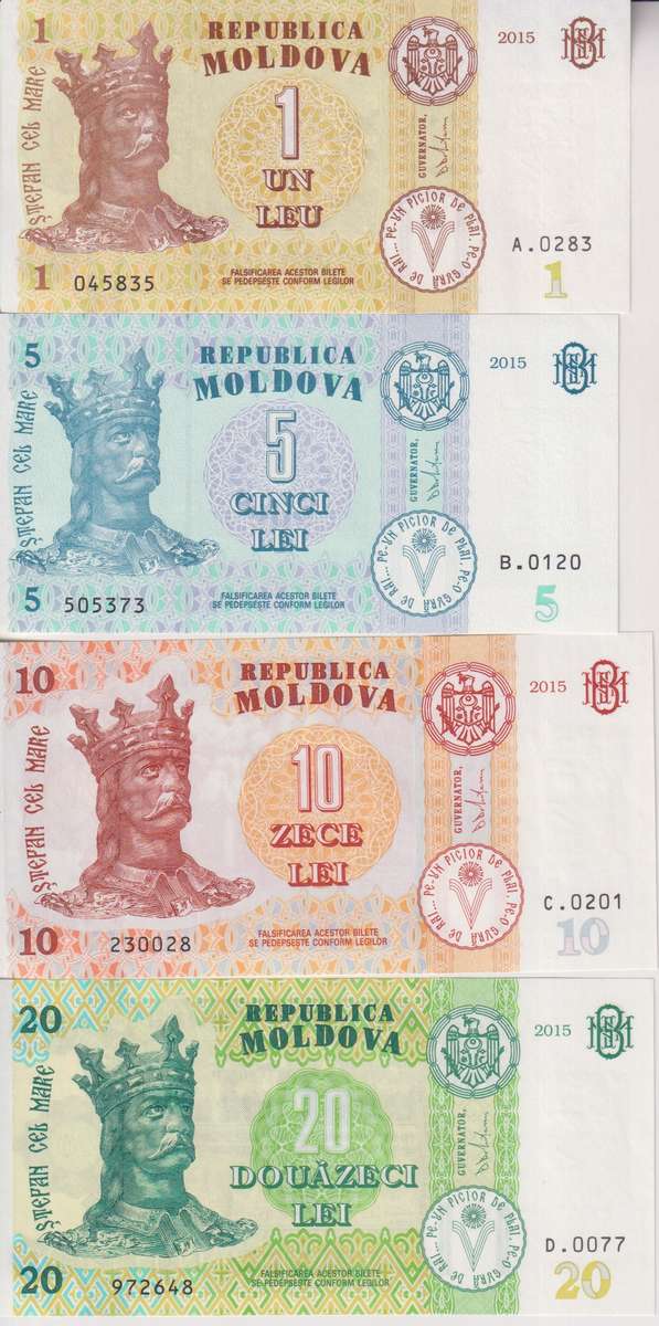 Moldova 4 PCS Set: 1, 5, 10, 20 Lei (2015), p-21, p-B22, p-22, p-23 UNC