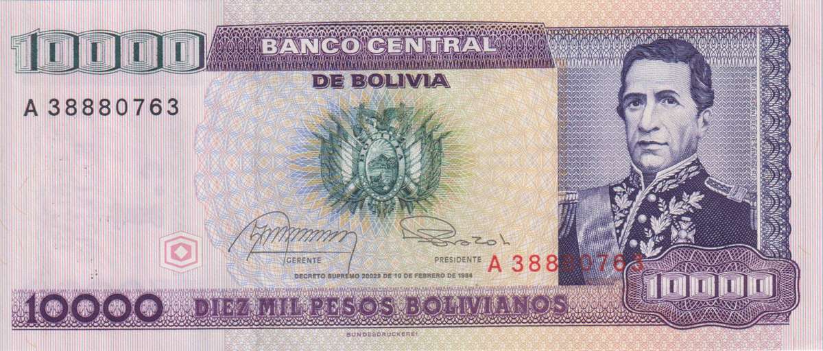 BOLIVIA 10,000 PESOS 1984 P169 UNC
