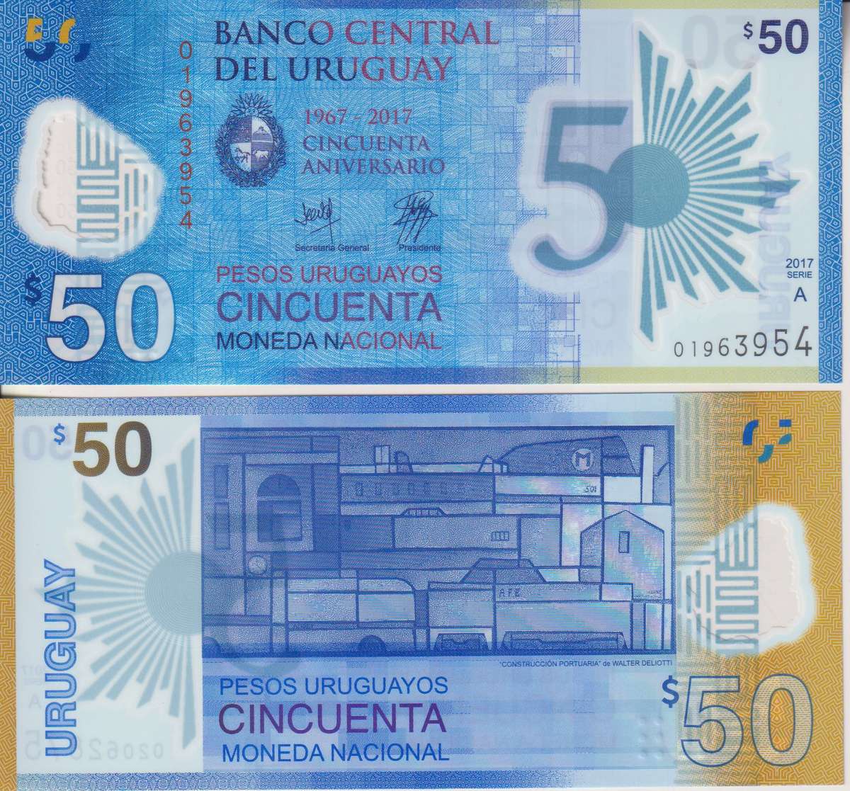 Uruguay 50 Pesos 2017 (2018),Polymer, Commemorative. 50th Year, P-100 UNC,