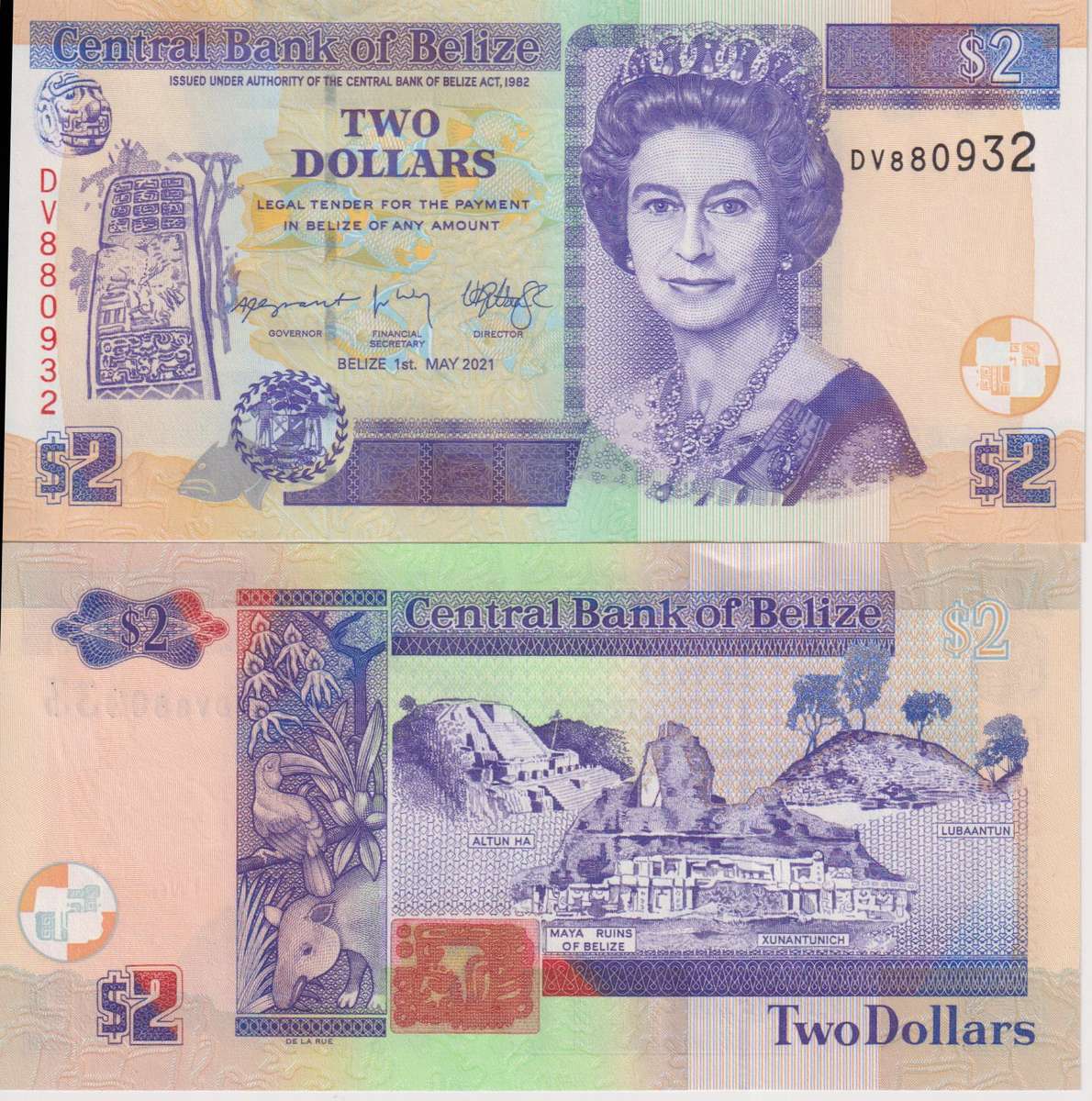 Belize 2 Dollars 2021, P-66, QUE II, New Sign, New Date UNC