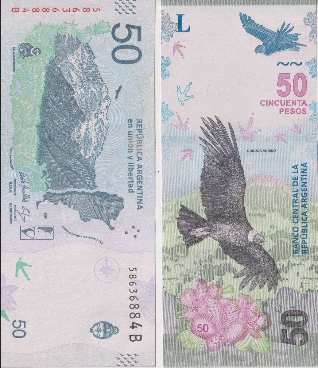 Argentina 50 Pesos 2018 2020 P-363, Suffix B  UNC