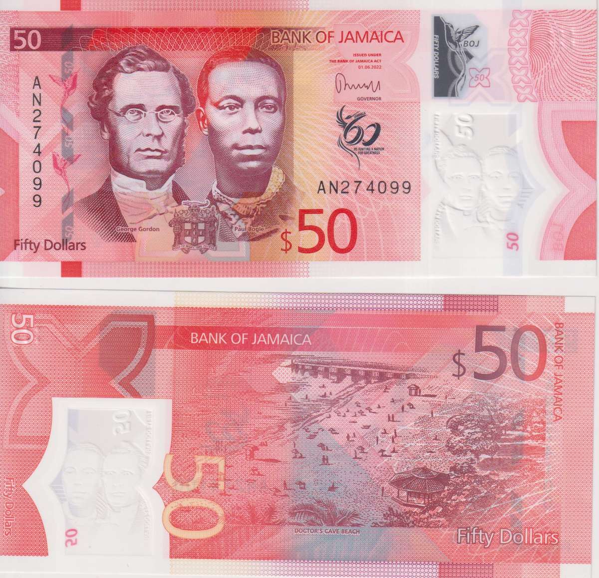 Jamaica 50 Dollars 2022 2023  Polymer, P-New Design UNC