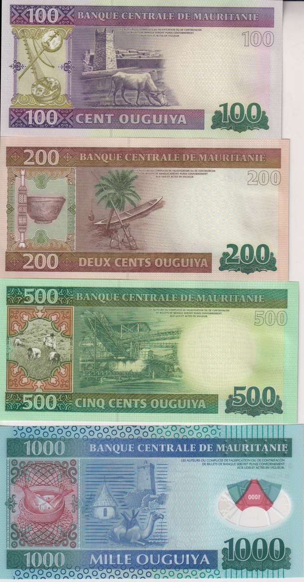 Mauritania 4 Pcs Set, 100 200 500 1000 Ouguiya 2013 2014 2015 P-16 17 18 19 UNC