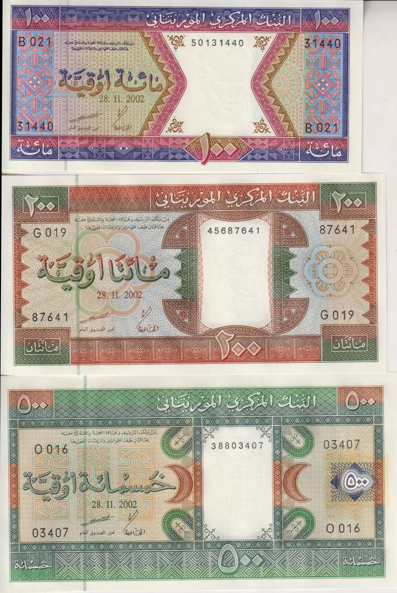 Mauritania 3 Pcs Set, 100 200 500 Ouguiya 2002  P-4 P-5 P-8 UNC