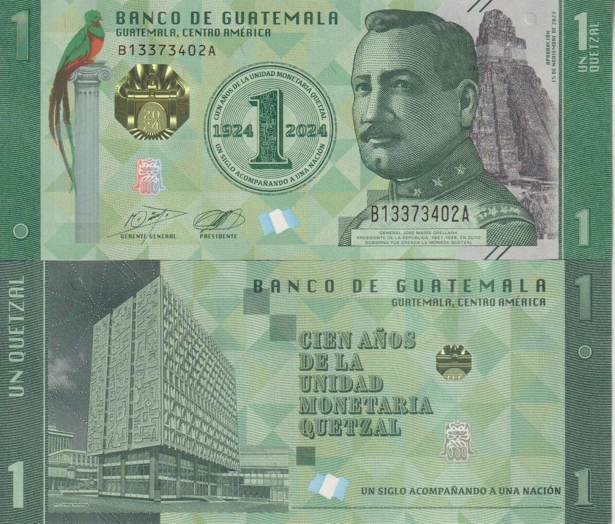 Guatemala 1 Quetzal 2023 2024 Commemorative 100th 1924-2024 P new UNC