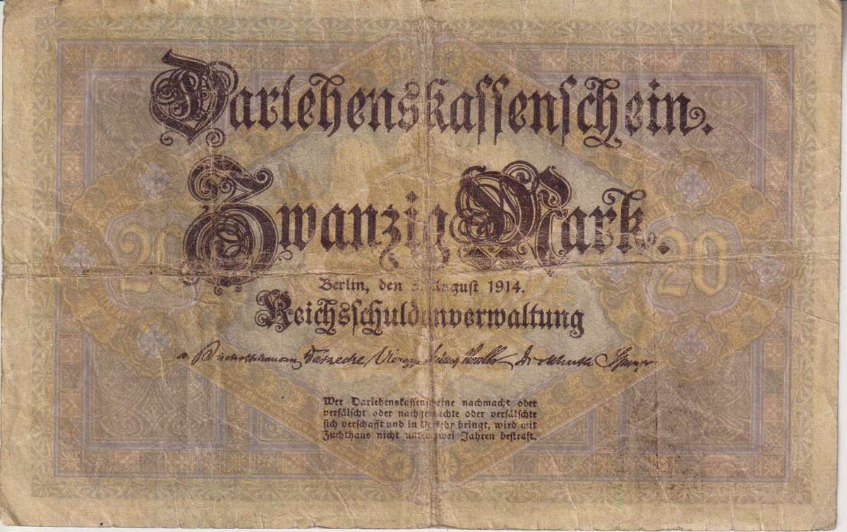 Germany, 20 Mark, 1914-08-05, KM:48a,  F - SCARCE