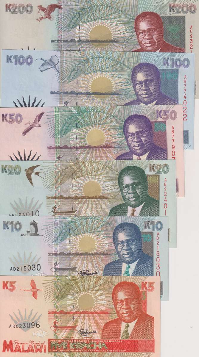 MALAWI FULL SET  5-200 KWACHA 1995 P30-35 UNC