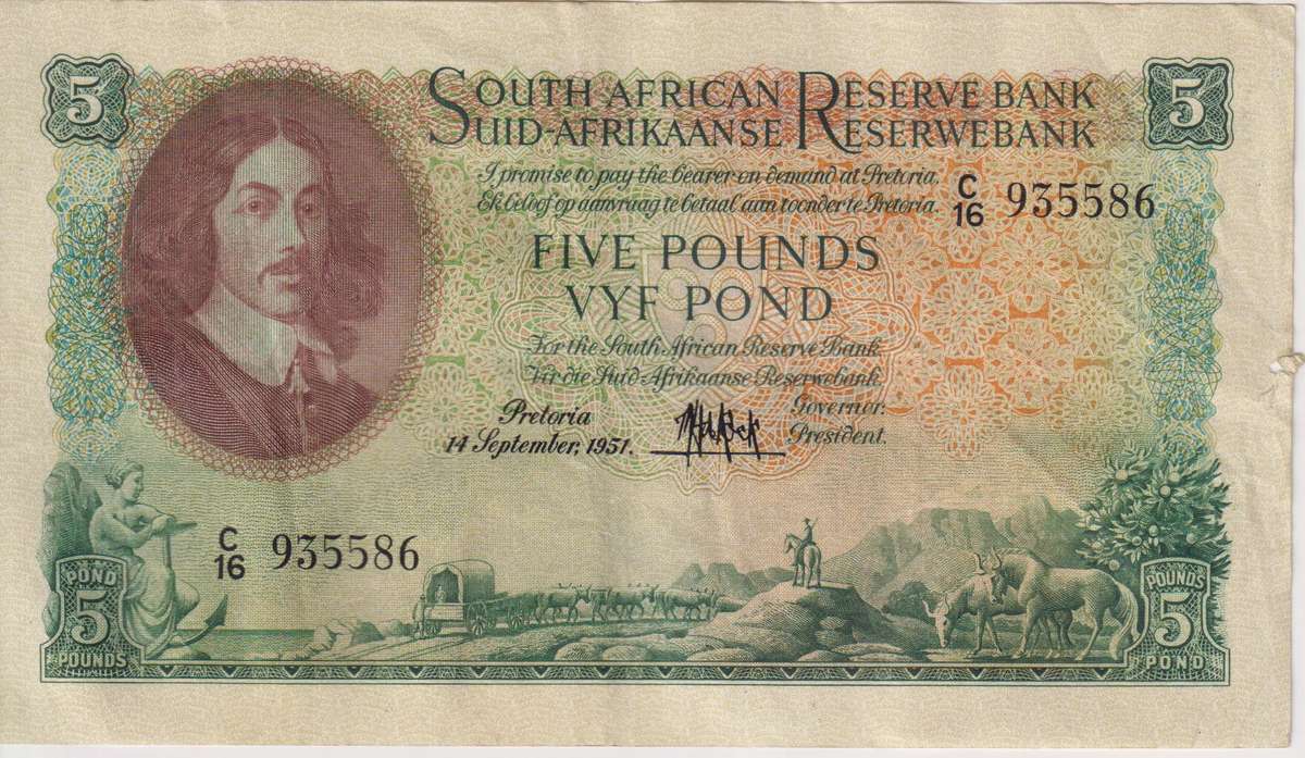 UNION OF SOUTH AFRICA - 5 POND M.H. de Kock C/16 14/09/1951 E/A #181  F