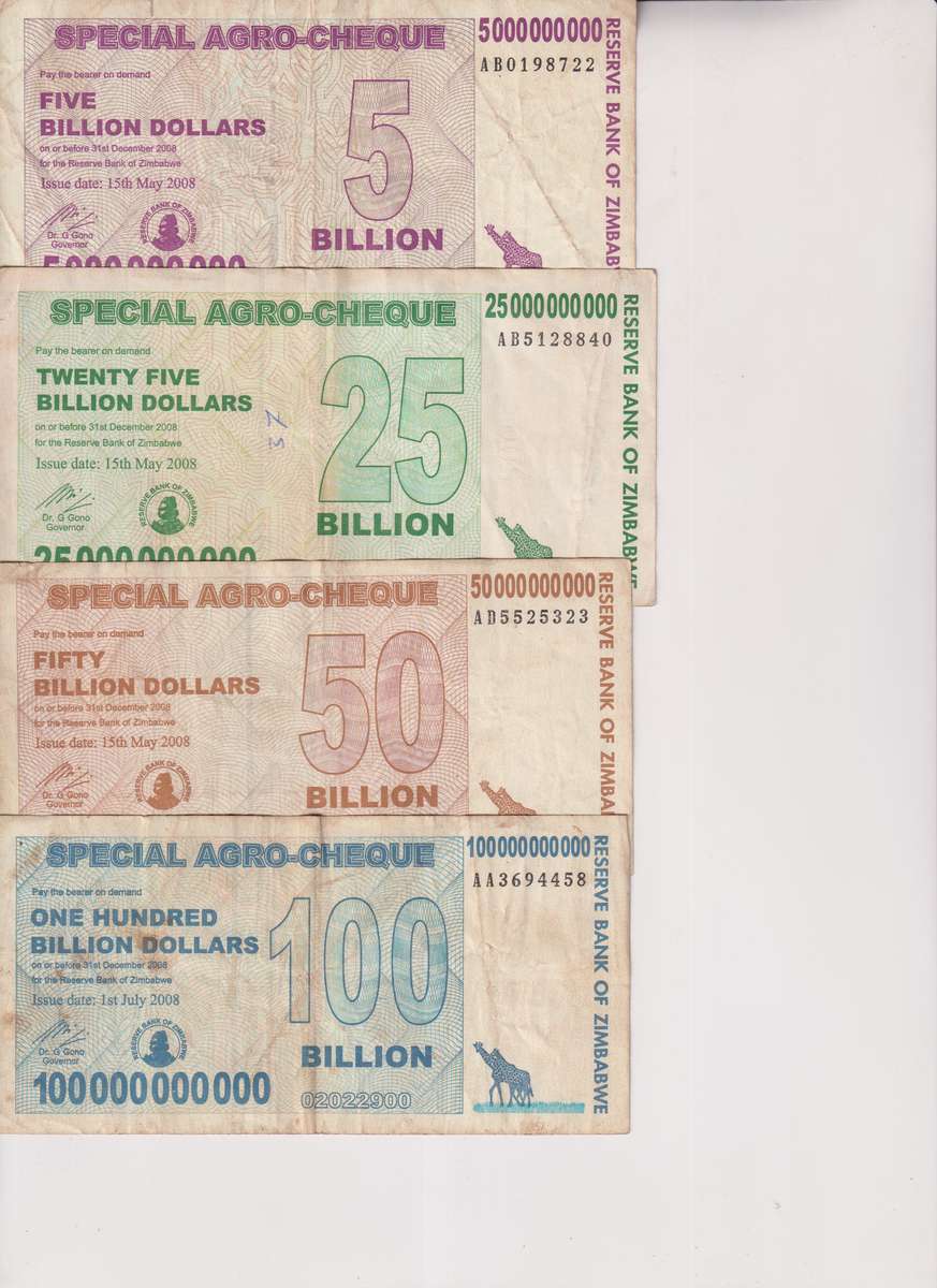 ZIMBABWE 100, 50, 25 & 5 Billion Dollars SPECIAL AGRO CHEQUES  2008 P64-64 F-CONDITION AS PER SCANS