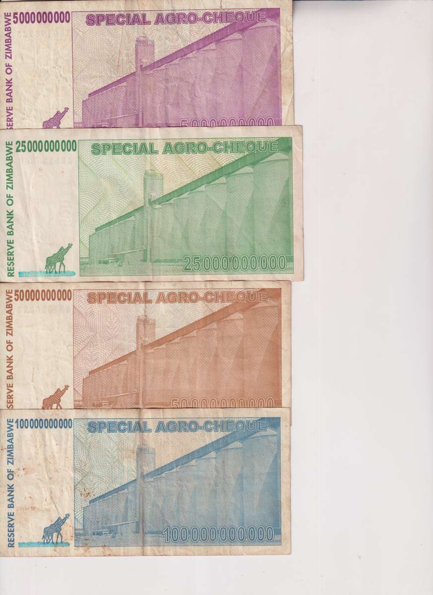 ZIMBABWE 100, 50, 25 & 5 Billion Dollars SPECIAL AGRO CHEQUES  2008 P64-64 F-CONDITION AS PER SCANS