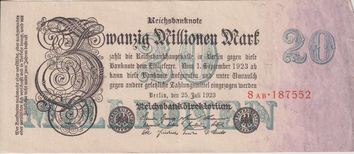 GERMANY 20,000,000 (20 MILLION) MARK REICHSBANKNOTE 1923 P97 VF (USED)
