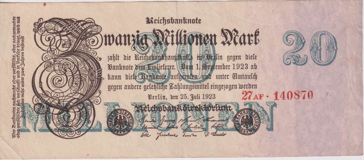 GERMANY 20,000,000 (20 MILLION) MARK REICHSBANKNOTE 1923 P97 VF (USED)