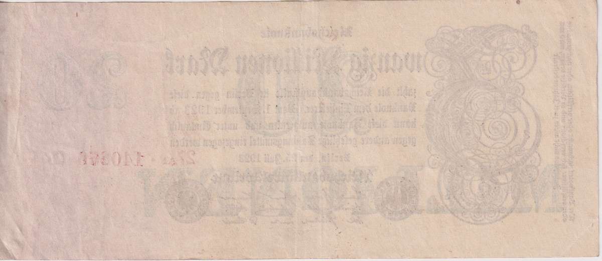 GERMANY 20,000,000 (20 MILLION) MARK REICHSBANKNOTE 1923 P97 VF (USED)
