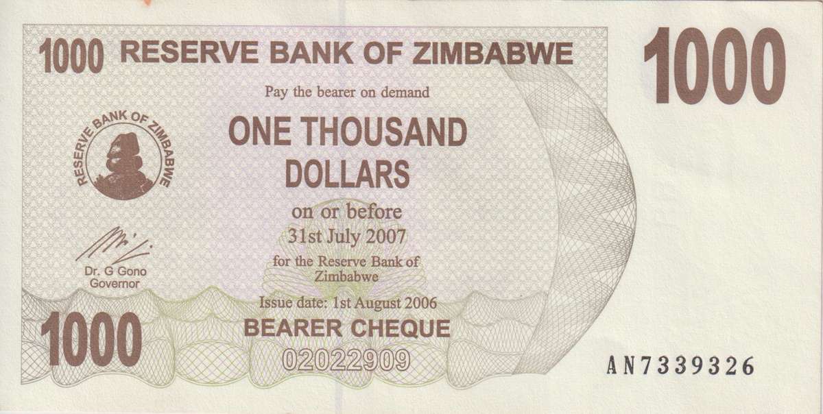 Zimbabwe 1000 DOLLARS BEARER'S CHEQUE 2006 P44 XF