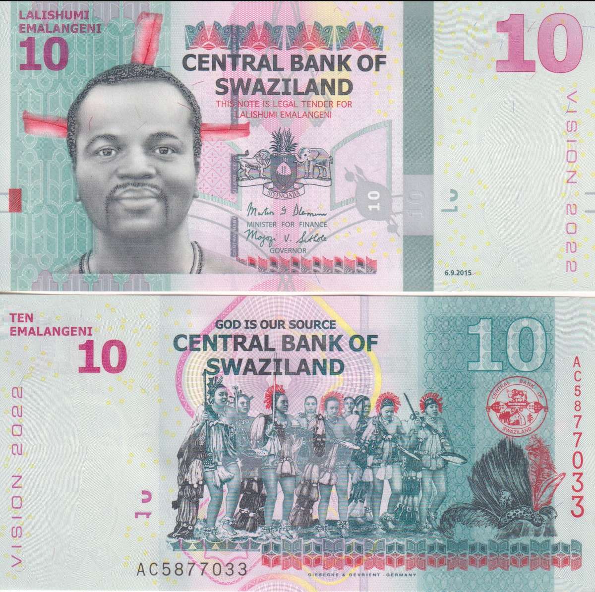 SWAZILAND 10 EMALANGENI 2015 P41 Commemorative VISSON 2020 - UNC